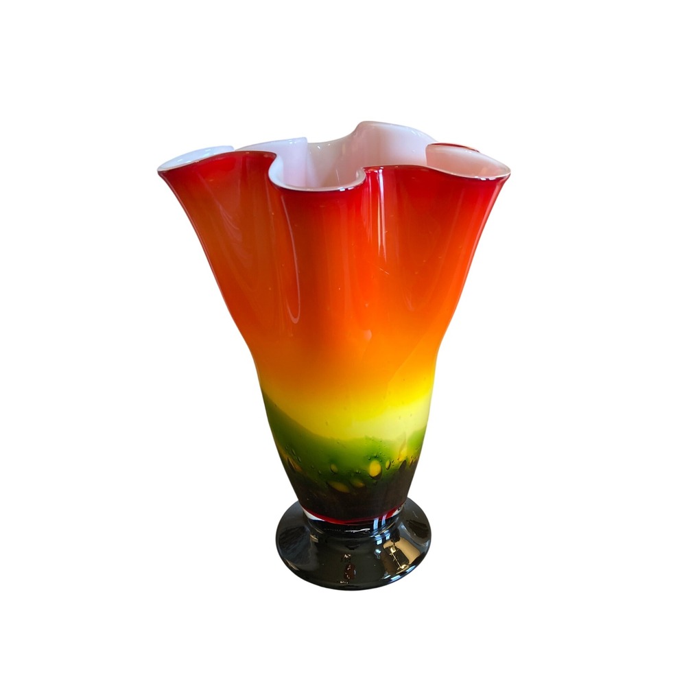 Art Glass Ruffled Handkerchief Vase‎ Rainbow Red Orange Yellow Green 12 Inch MCM